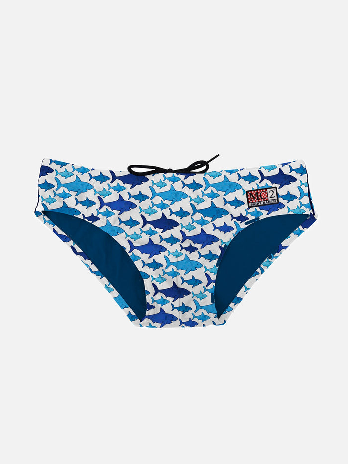 Multi Shark Print Boy Swim Briefs White Brief / Slip