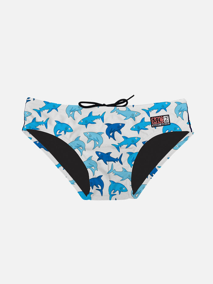 Boy Swim Briefs With Light Blue Sharks Print White Brief / Slip