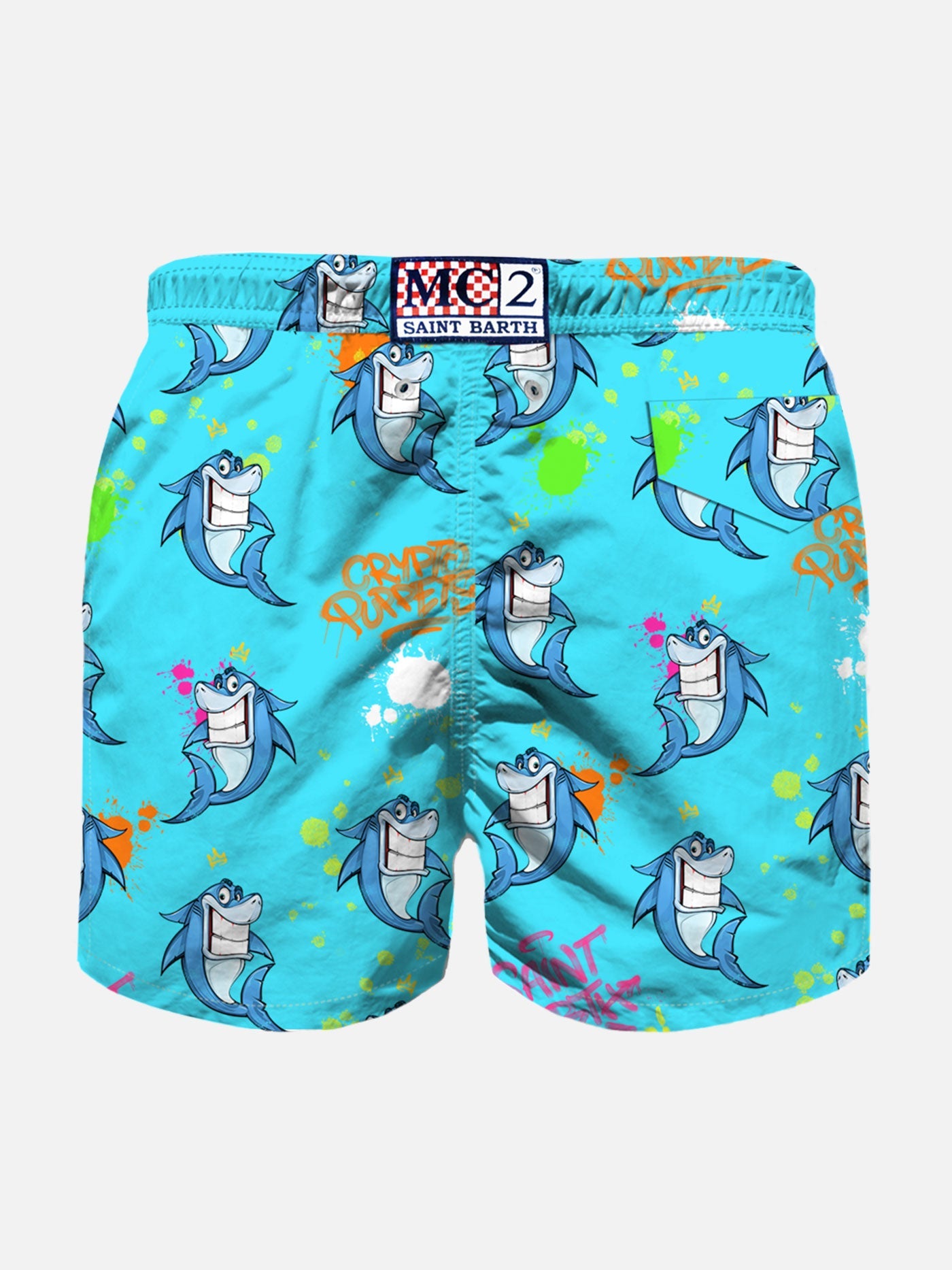Boy Light Fabric Swim Shorts With Crypto Shark Print | Puppets Special Edition Green Swimshort