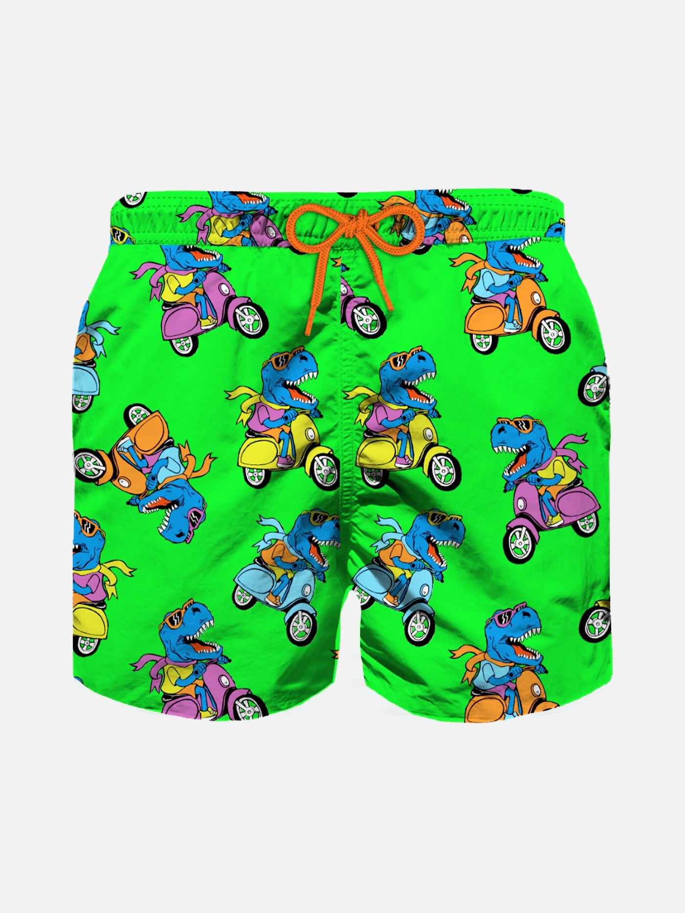 Boy Swim Shorts With Multicolor Rider T-Rex Green Swimshort