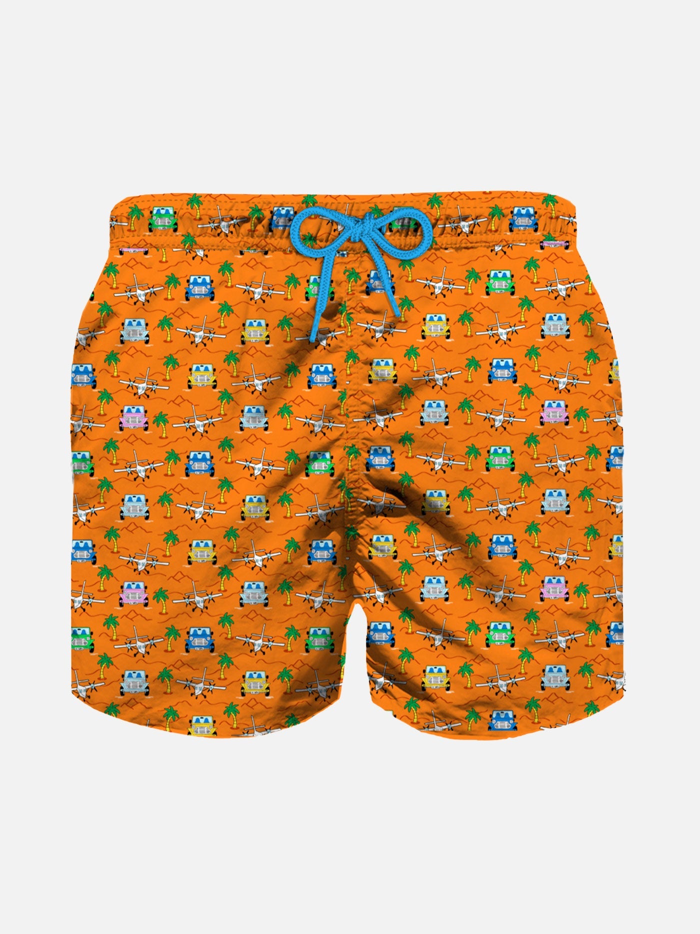 Boy Swim Shorts With Cars And Palms Print Orange Swimshort