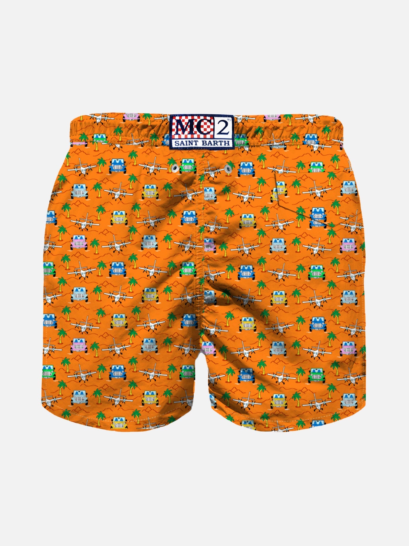 Boy Swim Shorts With Cars And Palms Print Orange Swimshort