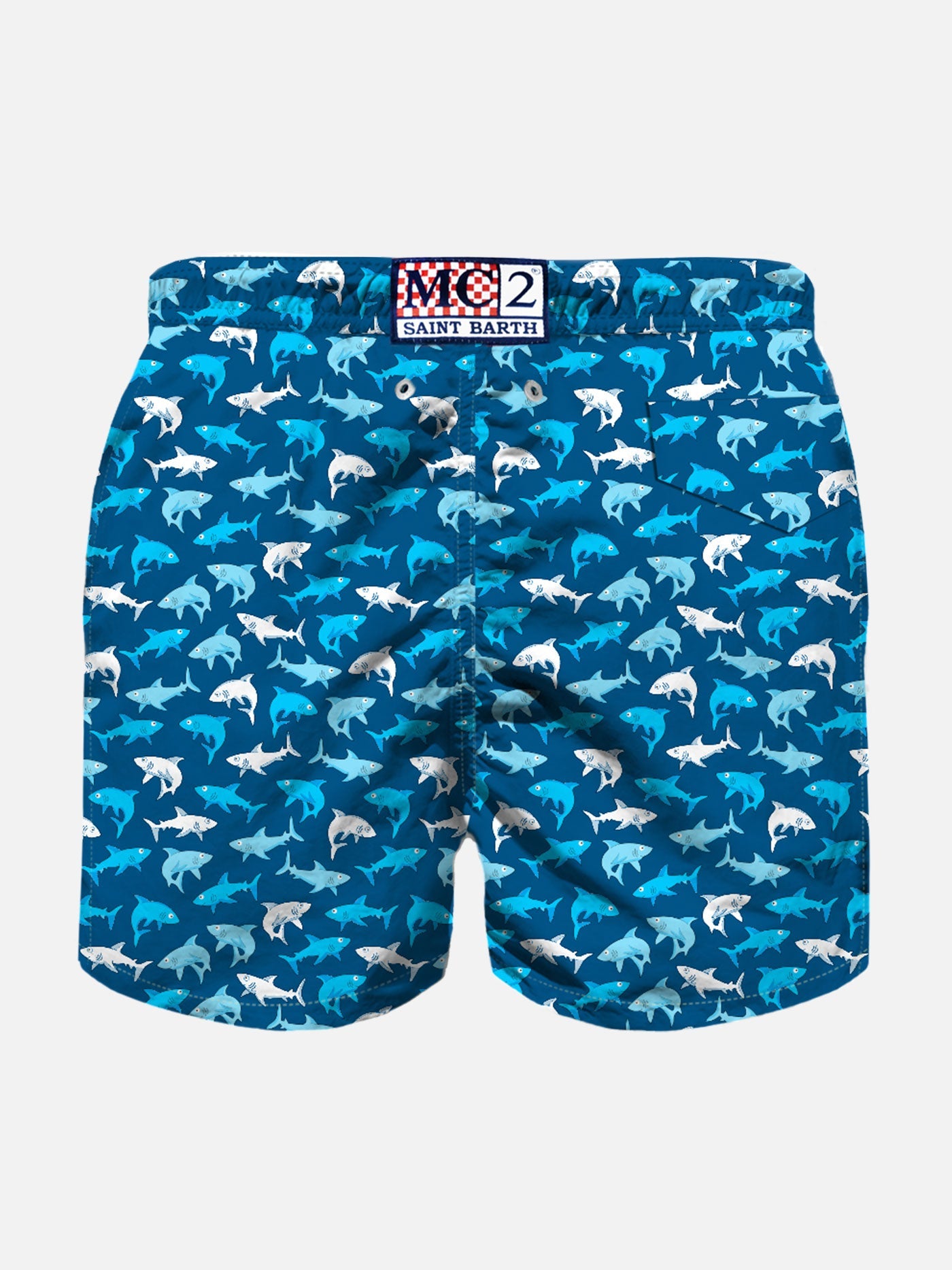 Boy Light Fabric Swim Shorts With Multicolor Sharks Print Blue Swimshort