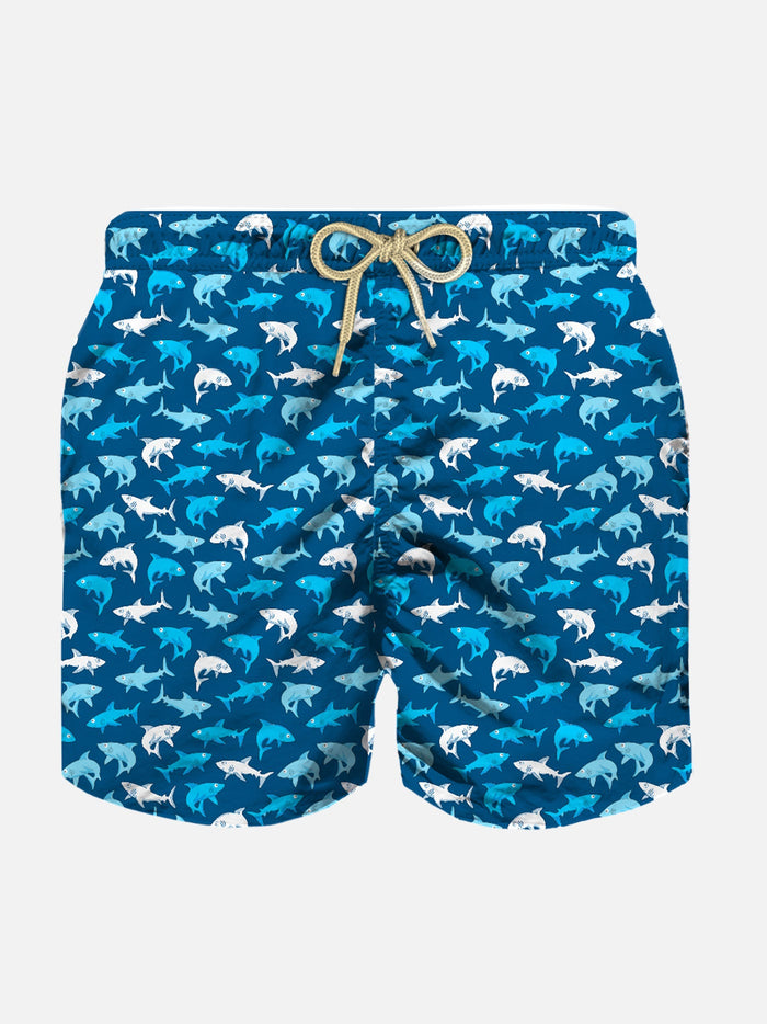 Boy Light Fabric Swim Shorts With Multicolor Sharks Print __single__ Swimshort