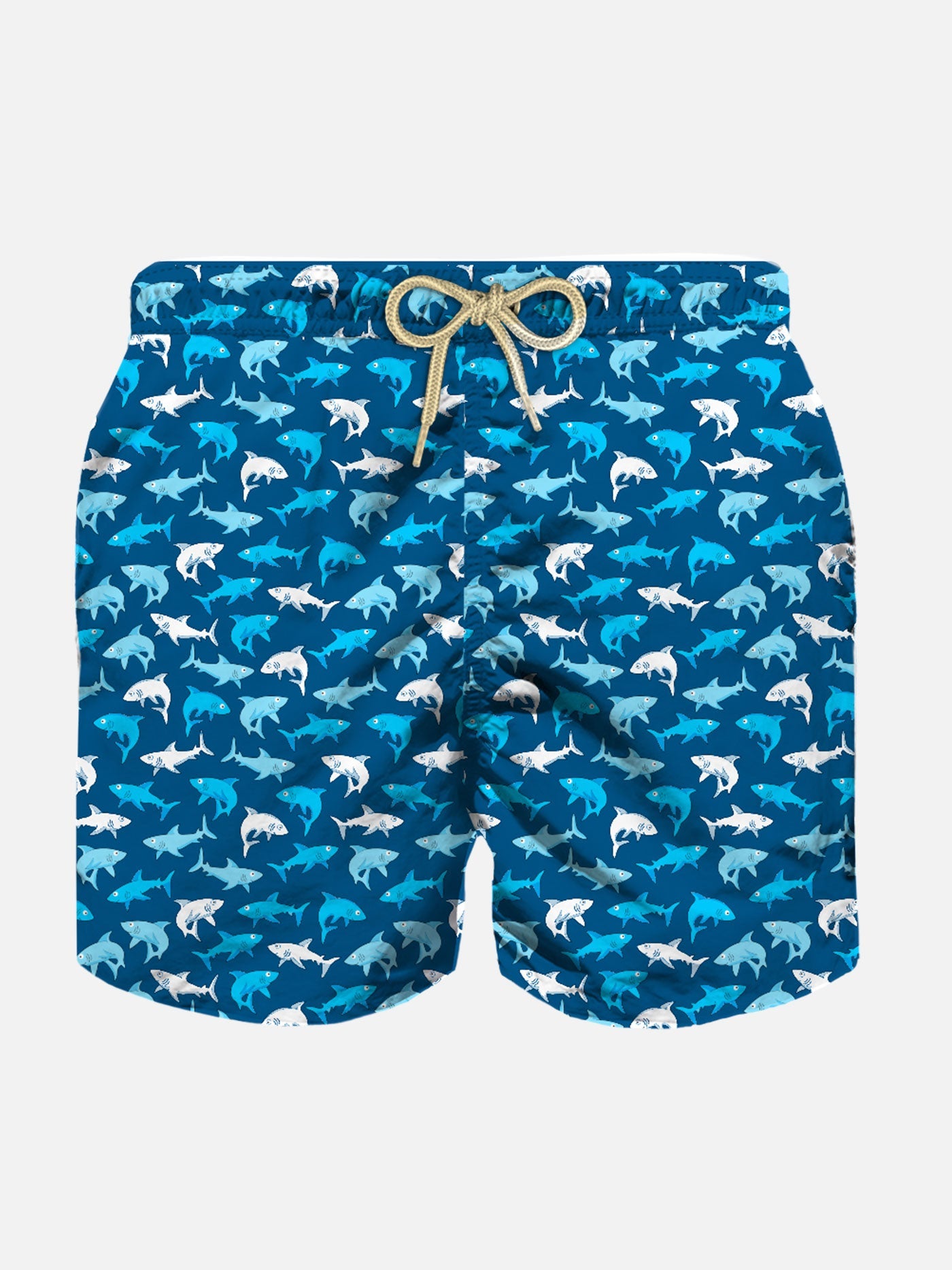 Boy Light Fabric Swim Shorts With Multicolor Sharks Print Blue Swimshort