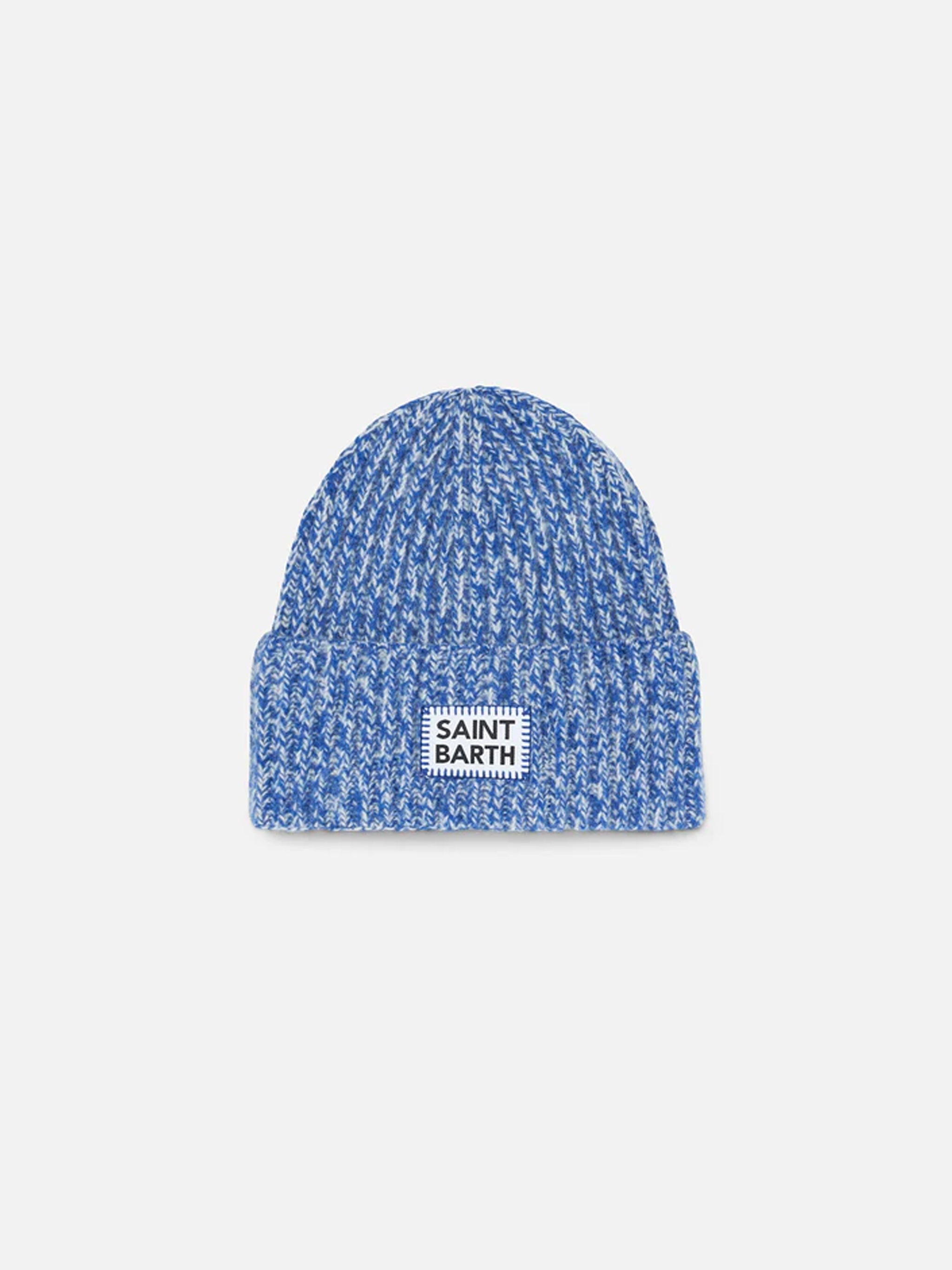 Kid White And Bluette Mouliné Beanie With Saint Barth Embroidery Sky Hat