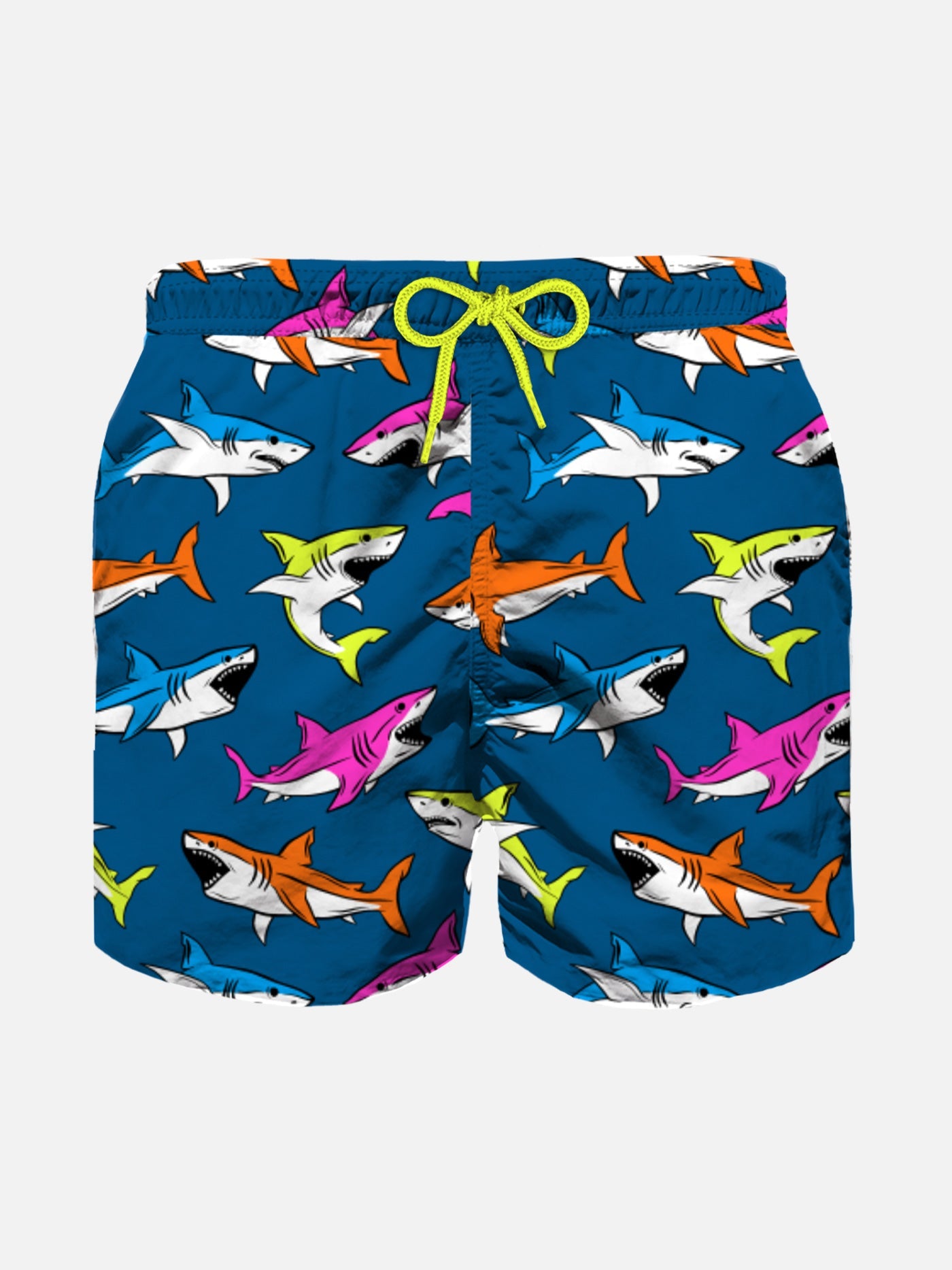 Boy Swim Shorts With Multicolor Sharks Print Blue Swimshort