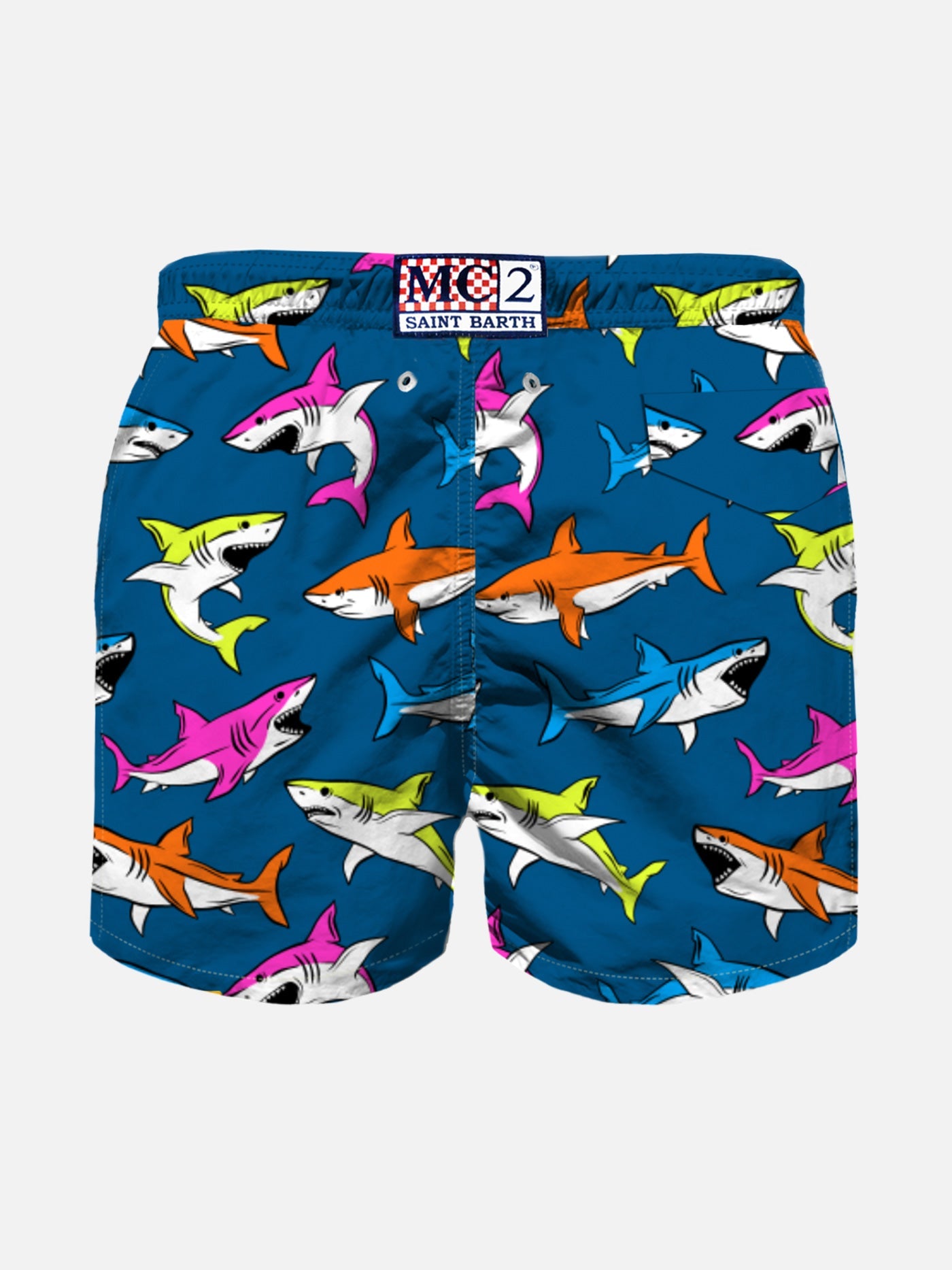 Boy Swim Shorts With Multicolor Sharks Print Blue Swimshort