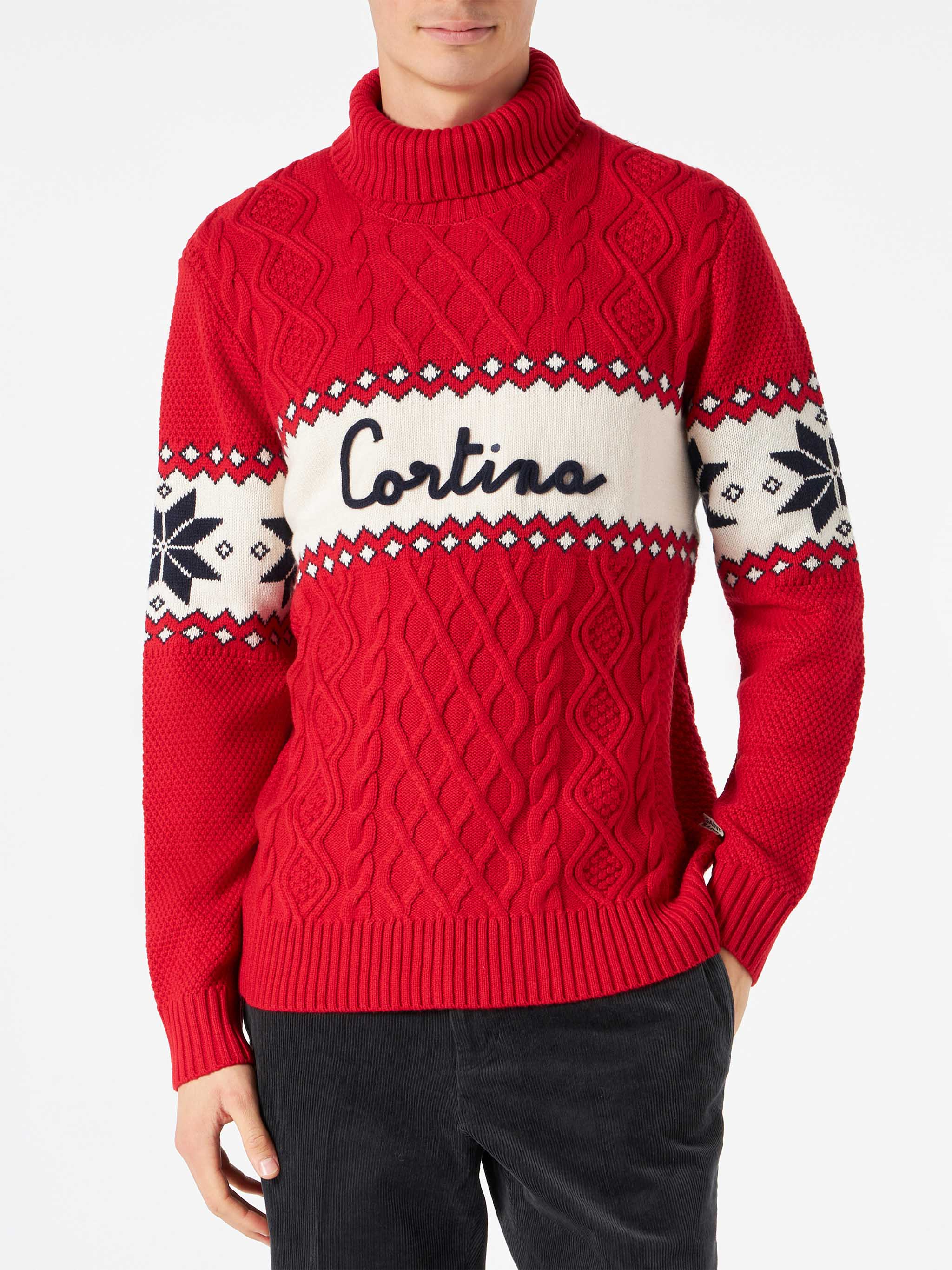 Half-Turtleneck Sweater With Cortina Lettering Red