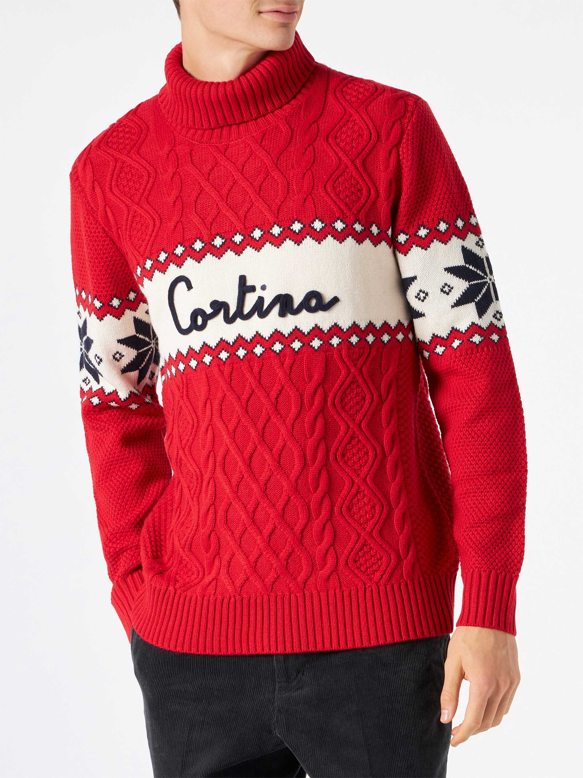 Half-Turtleneck Sweater With Cortina Lettering Red