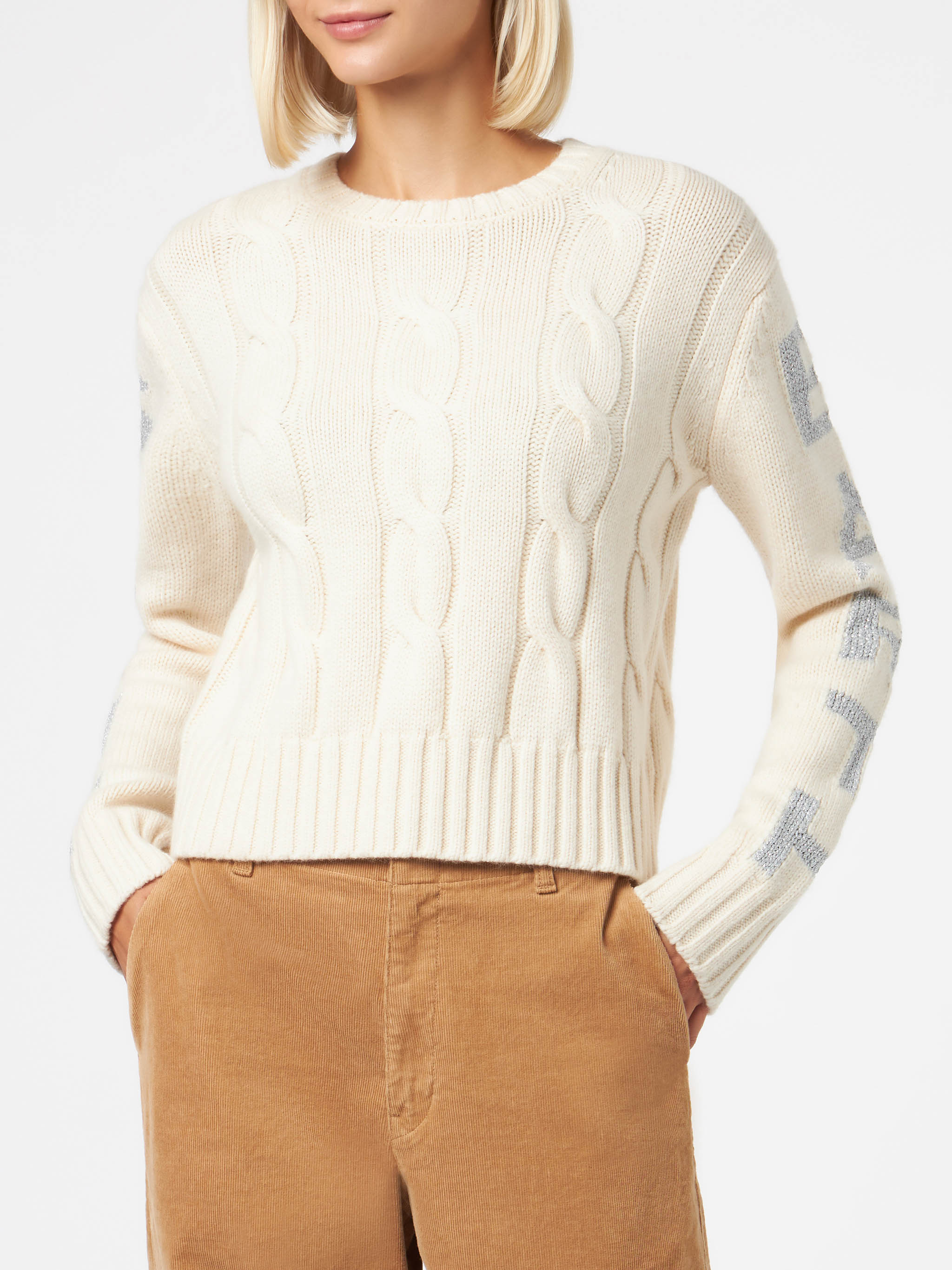 Malmo White Braided Crewneck Sweater With Lurex Details