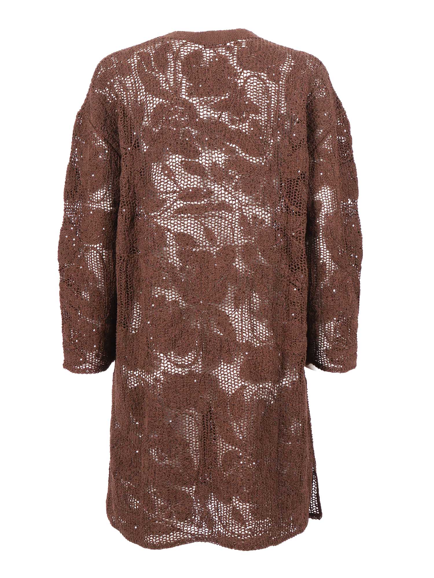 Duster Coat With Cornely Embroidery And Sequins Brown Cotton Polyamide