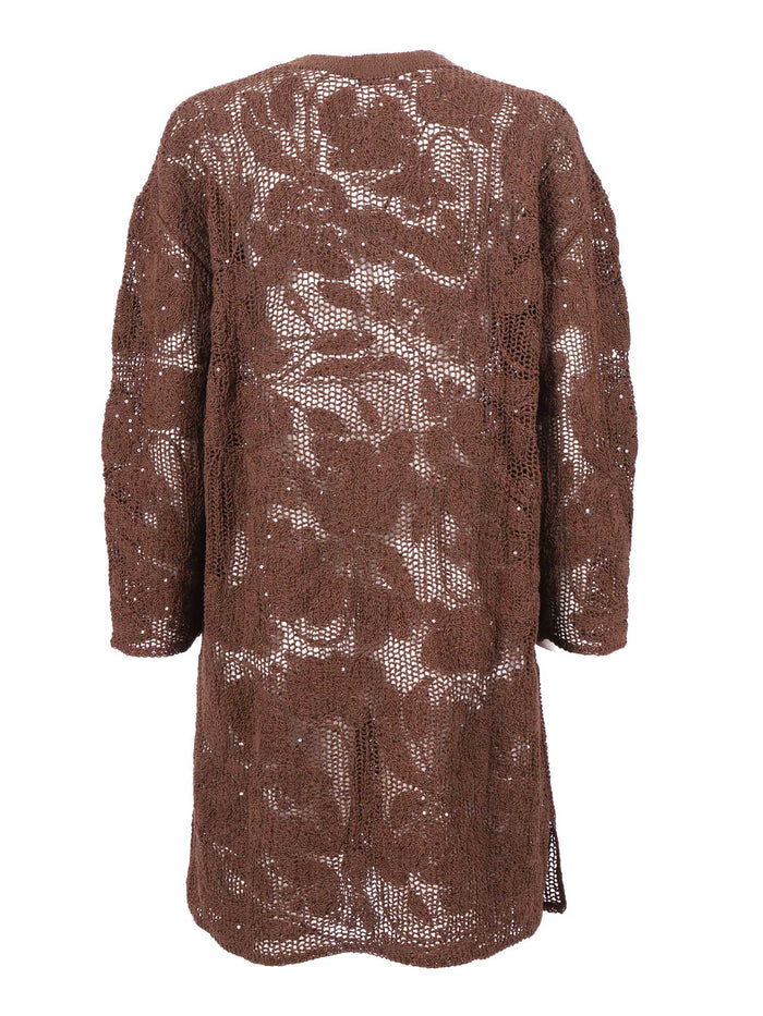 Duster Coat With Cornely Embroidery And Sequins Brown Cotton Polyamide