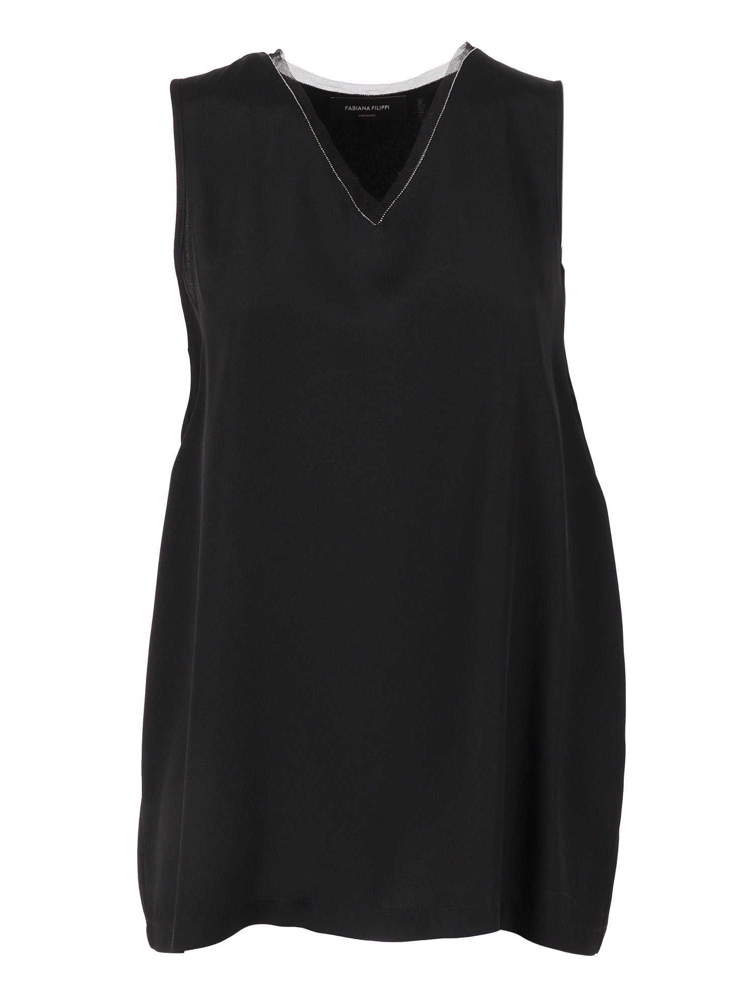 Enver Satin Front Back Top With Filo Diamante Detail Black Acetate Viscose
