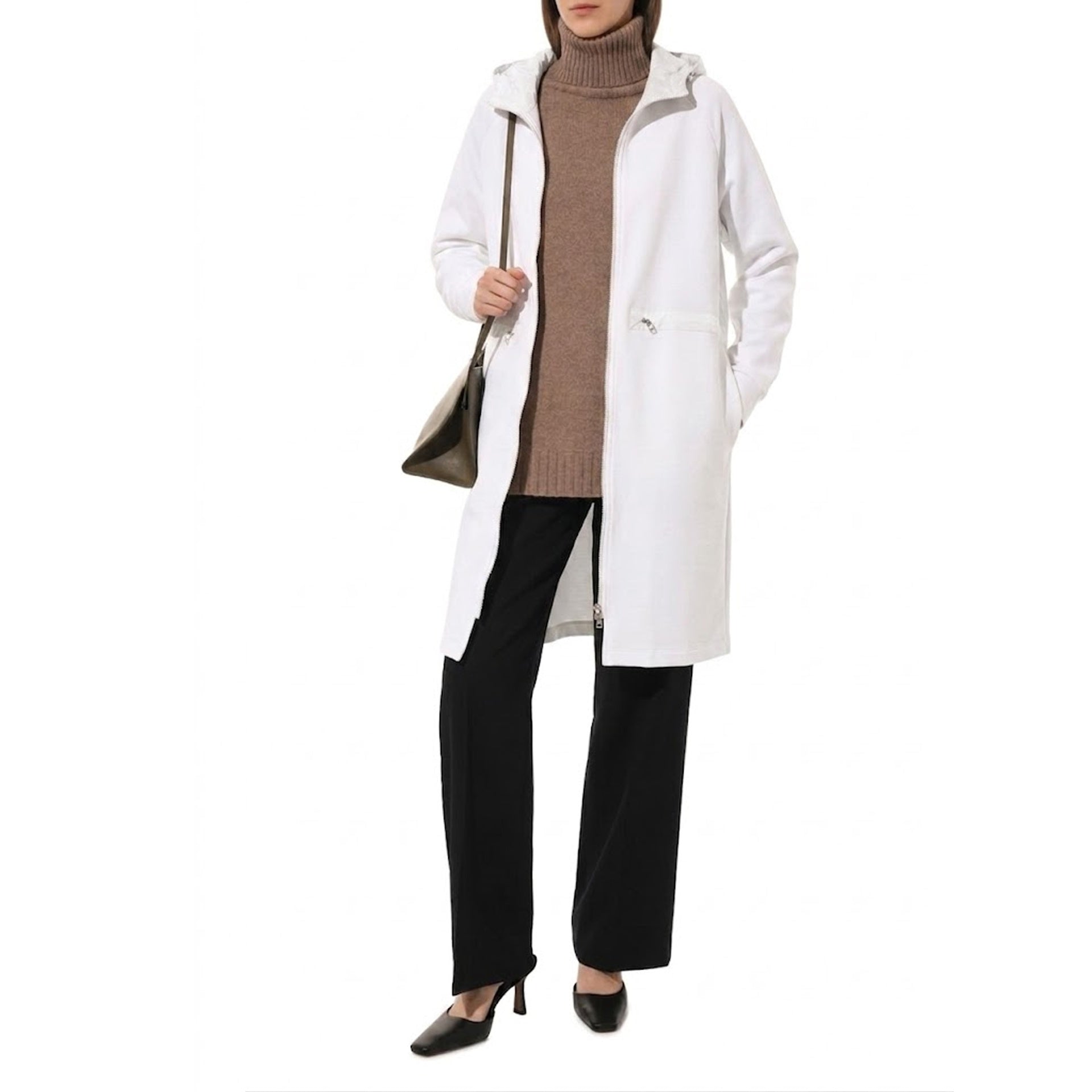 Herno Long Hooded Zip Coat White Cotton Polyester