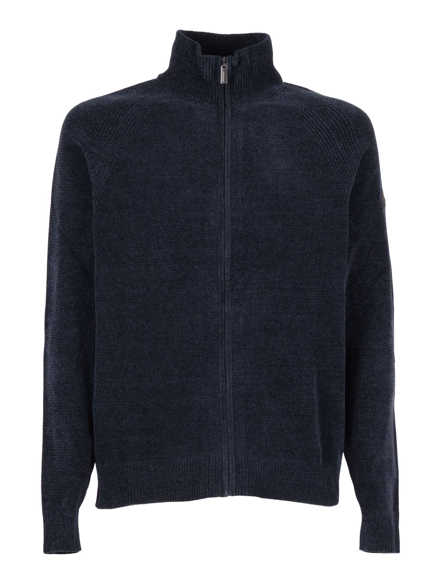 Velvet Full Zip Knit Blue Polyester Elastane Turtleneck