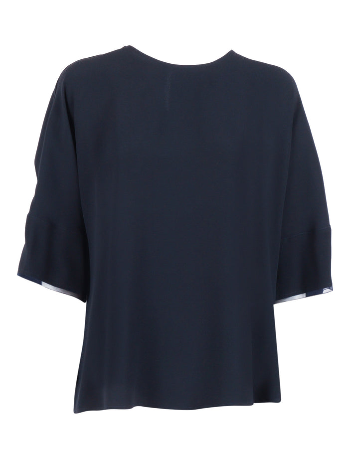 ENVER SATIN SHORT SLEEVE TOP,TULLE AND FILO DIAMANTE DETAIL Blue Viscose Acetate