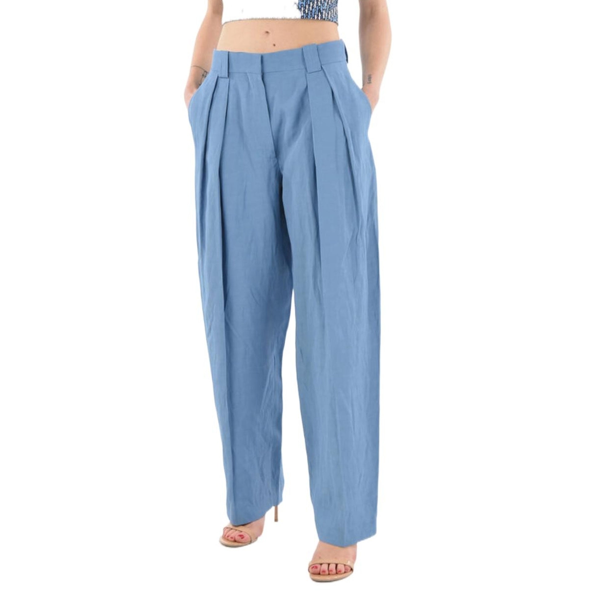 High-Waist Tailored Trousers Blue Linen Viscose