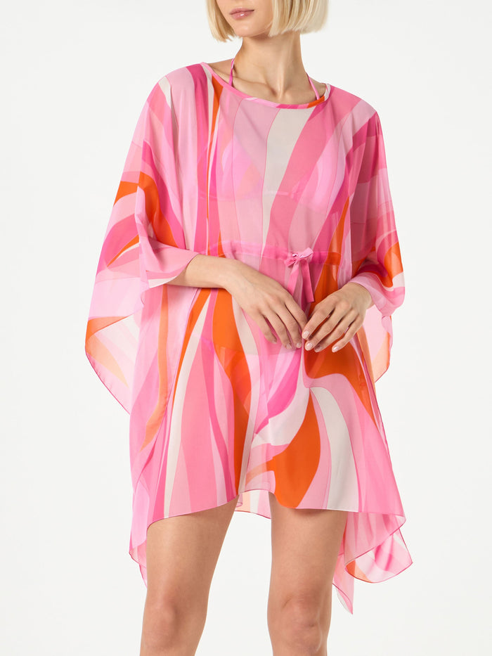 Pink And Orange Wave Print Caftan Sarong