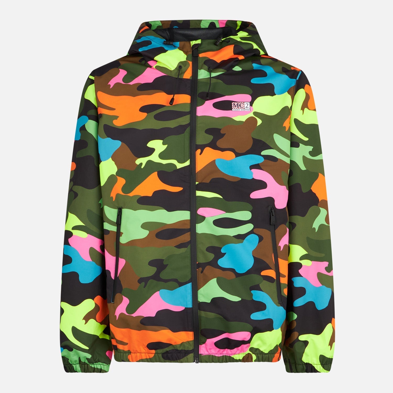 Man Hooded Lightweight Windbreaker With Camouflage Print Fluo Jacket