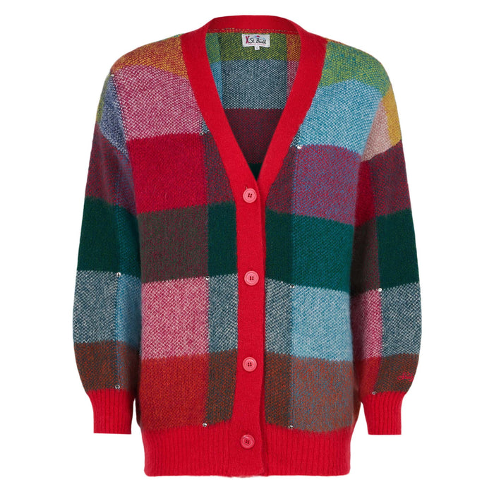 Soft Brushed Multicolor Check Cardigan Chloe With Rhinestone Embellishment