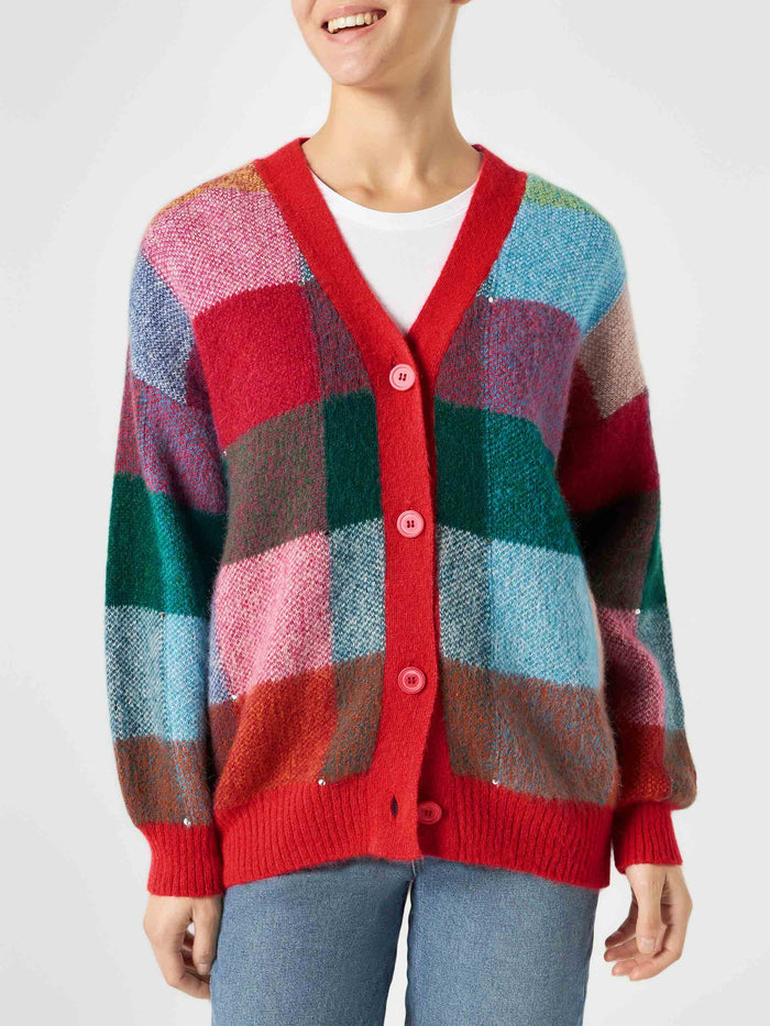 Soft Brushed Multicolor Check Cardigan Chloe With Rhinestone Embellishment