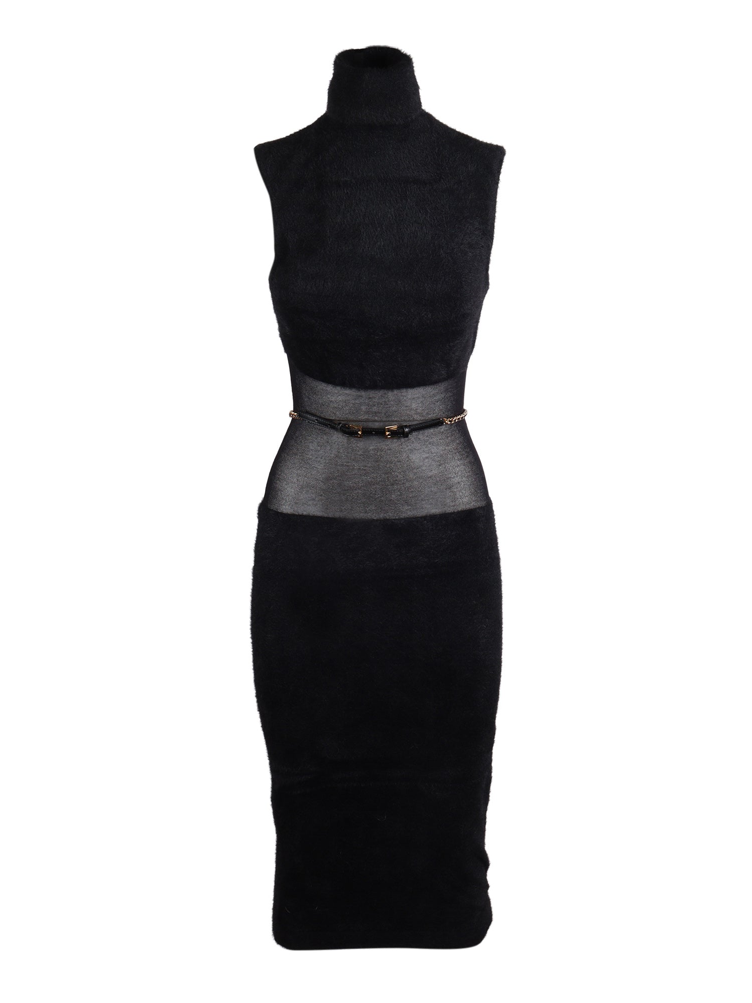 Womans Knitted Dress With Belt Black Polyamide Cotton Midi