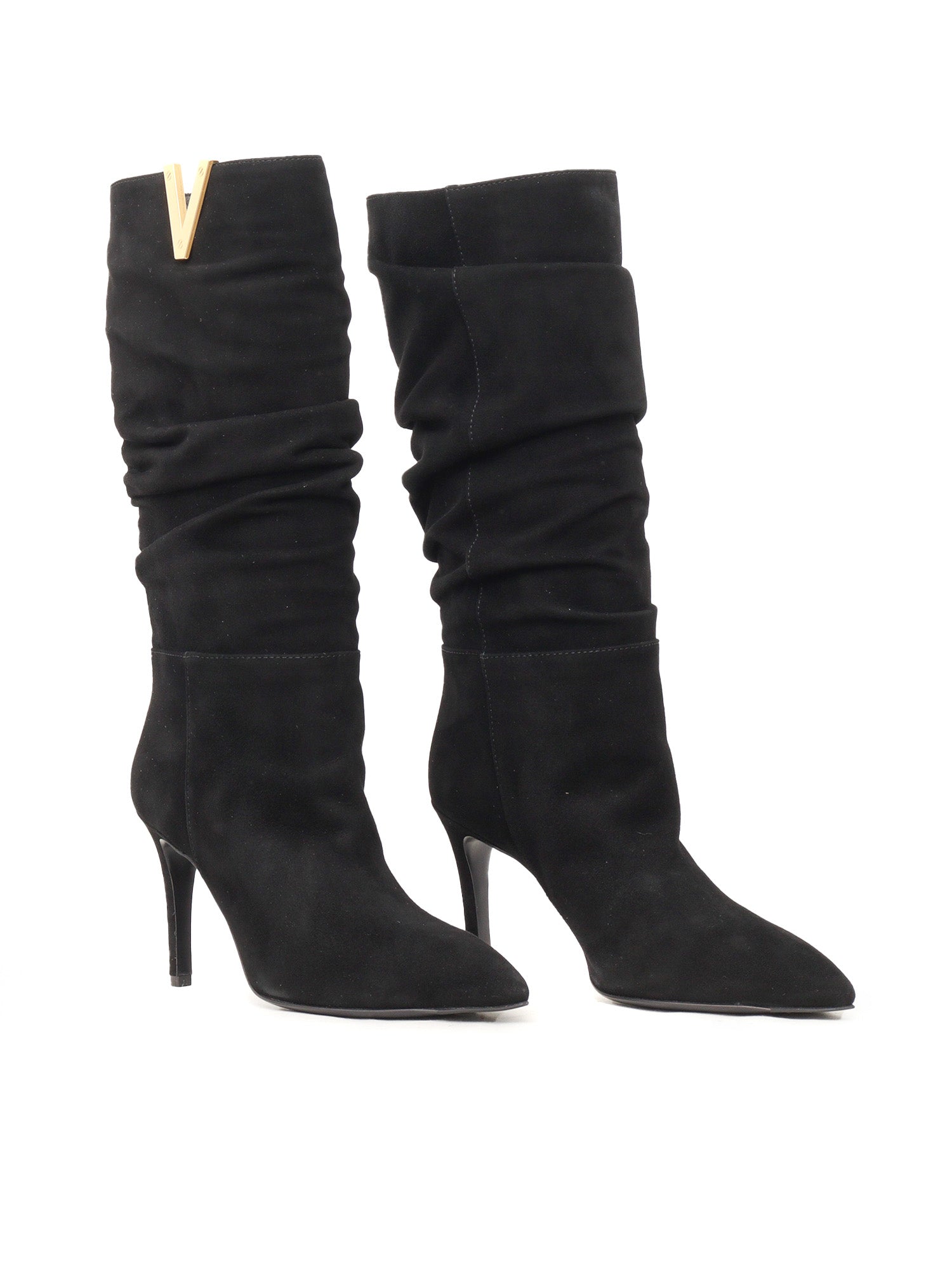 Golden V + Stiletto Heel Boots Black Leather Sole Rubber
