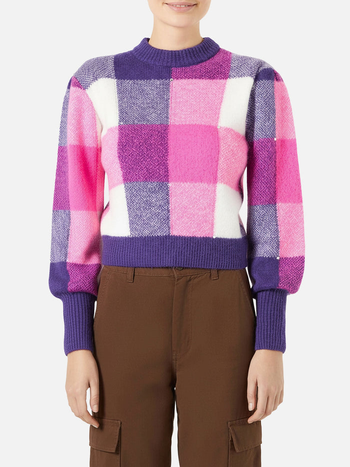 Bloom Soft Sweater With Check Pattern And Rhinestones