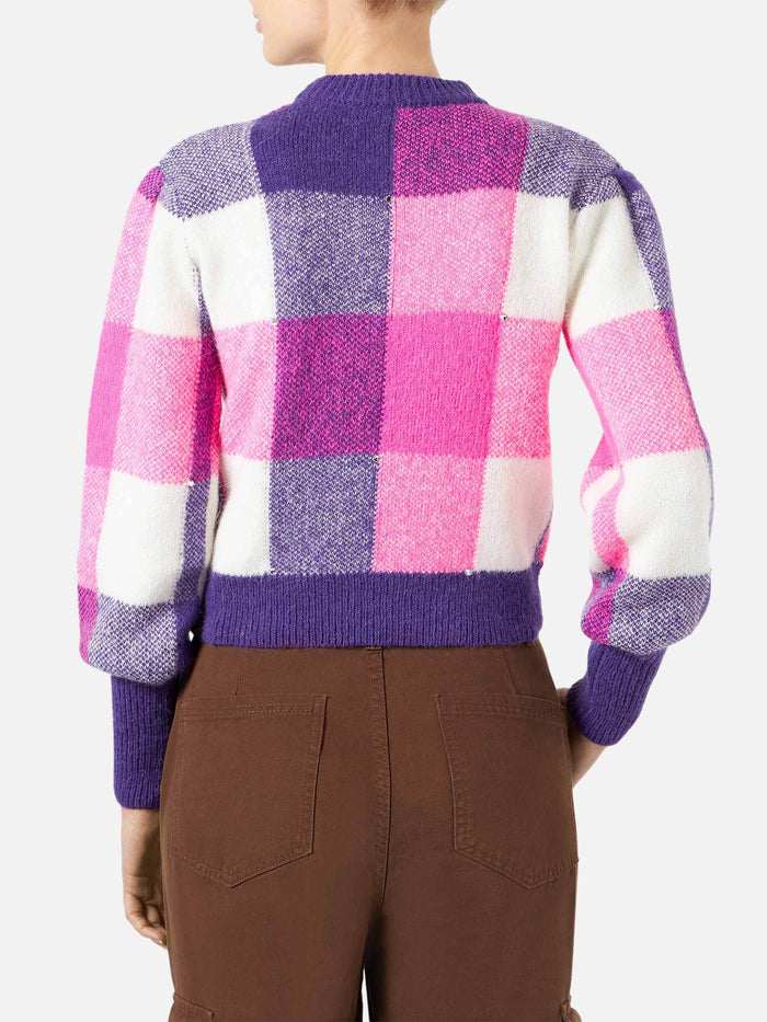 Bloom Soft Sweater With Check Pattern And Rhinestones