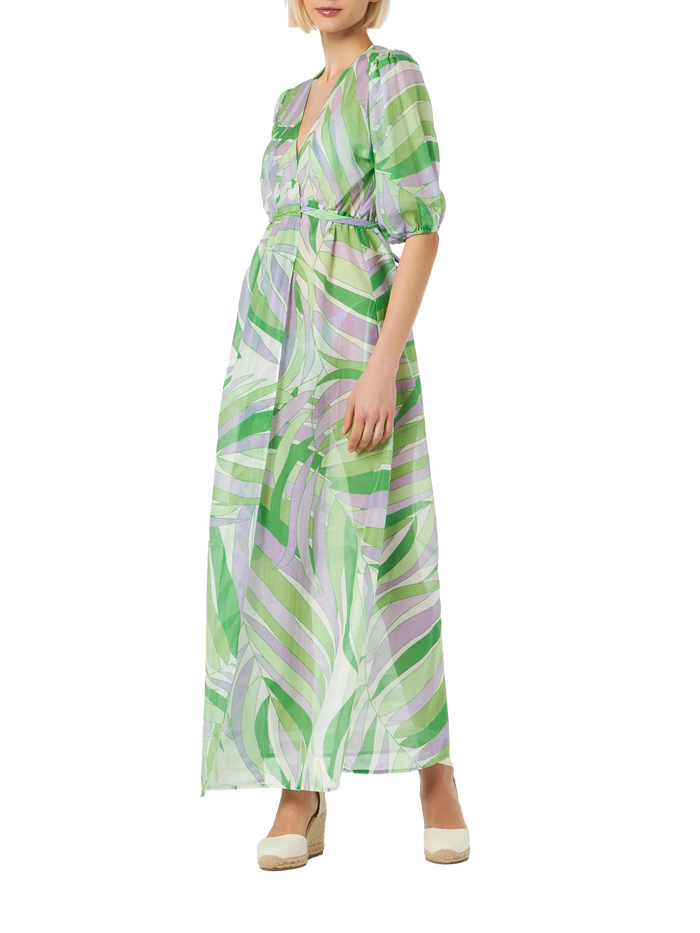 Cotton And Silk Long Dress Bliss With Palm Print Green Beach Robe