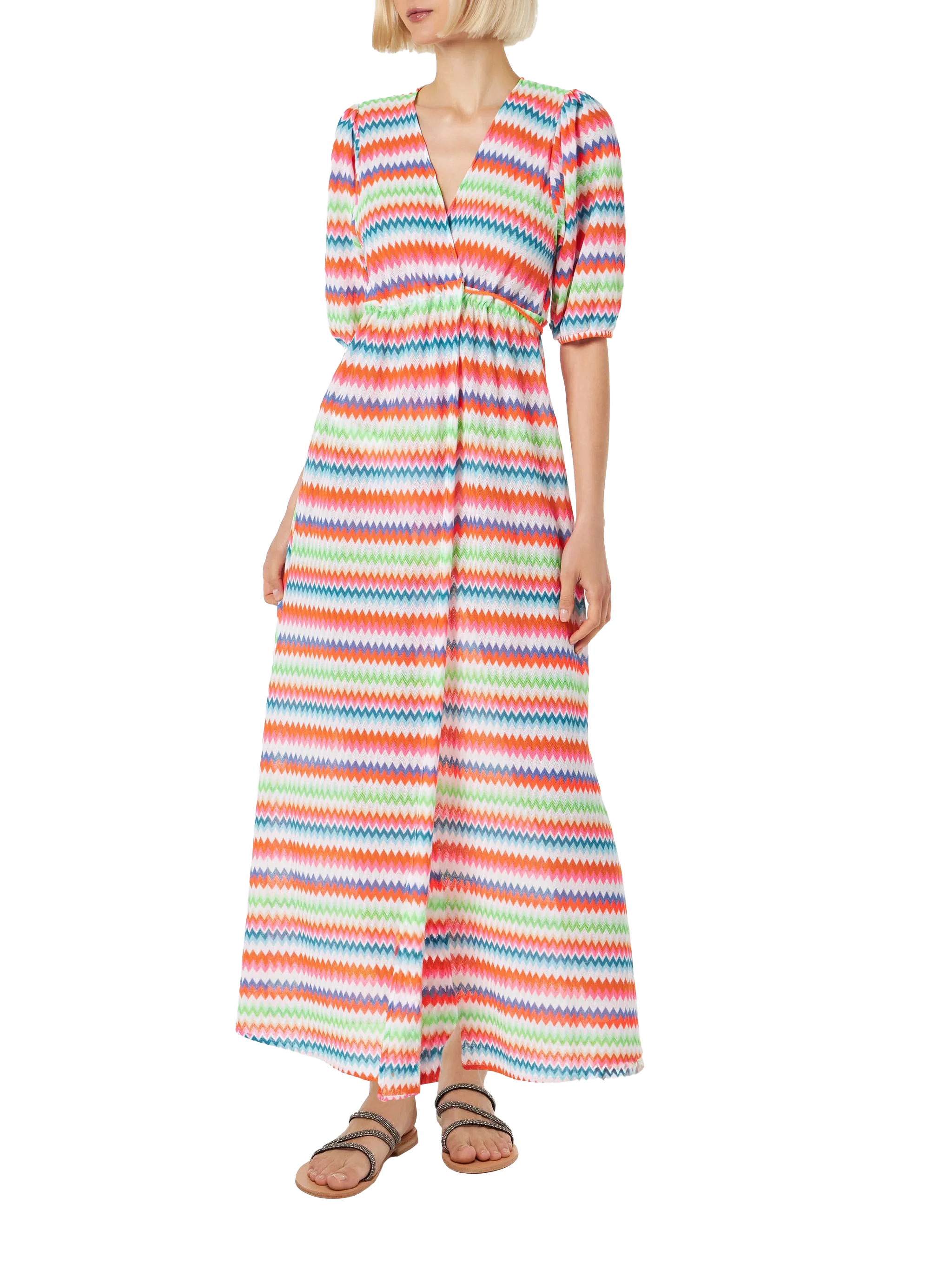 Chevron Raschel Knit Long Beach Dress Bliss With Striped Pattern Robe