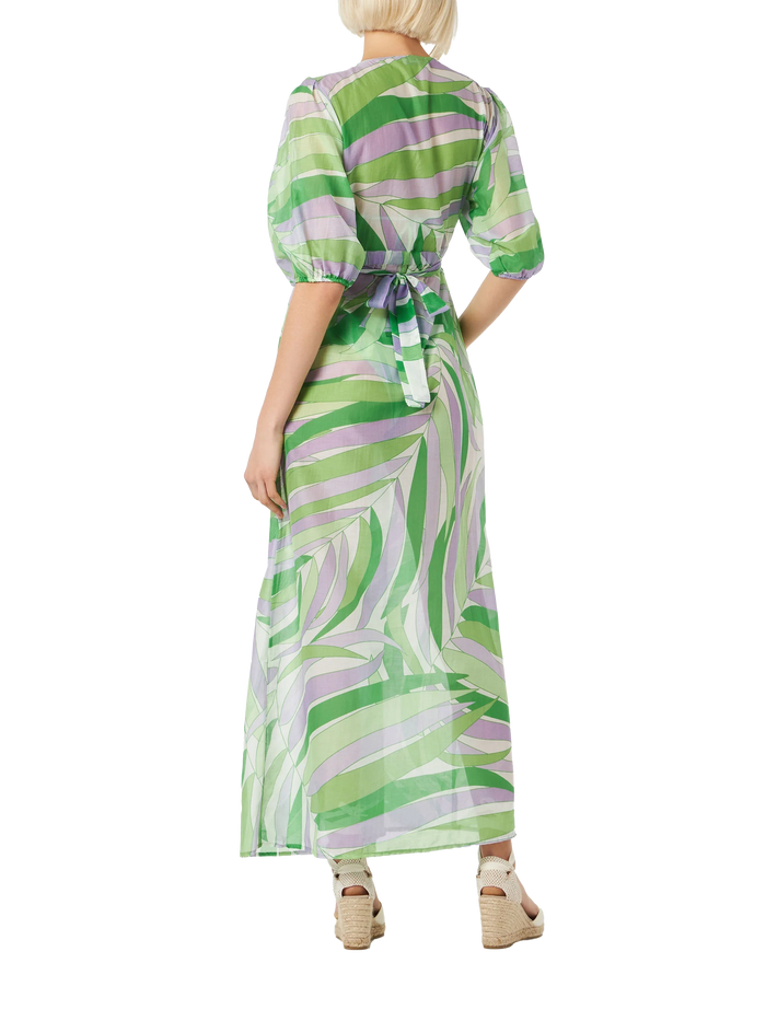 Cotton And Silk Long Dress Bliss With Palm Print Green Beach Robe