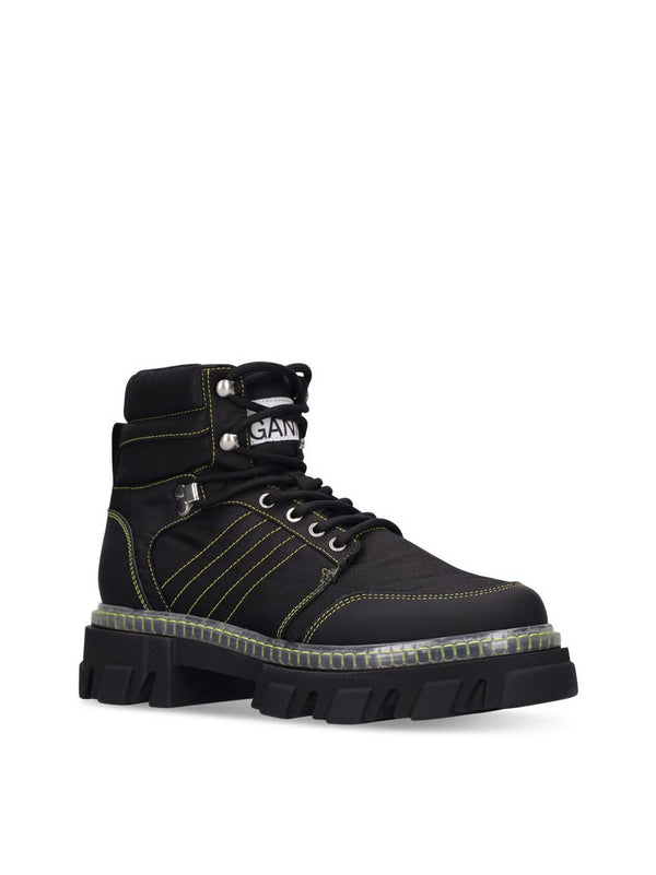 Ganni Cleated Lace-Up Hiking Boot — Black