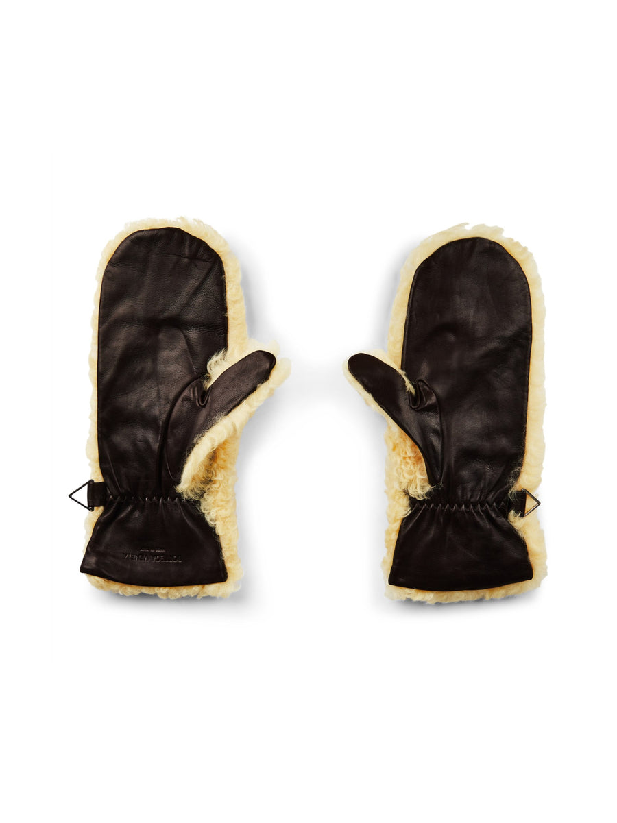 Bottega Veneta Teddy Shearling and Leather Logo Gloves — Beige