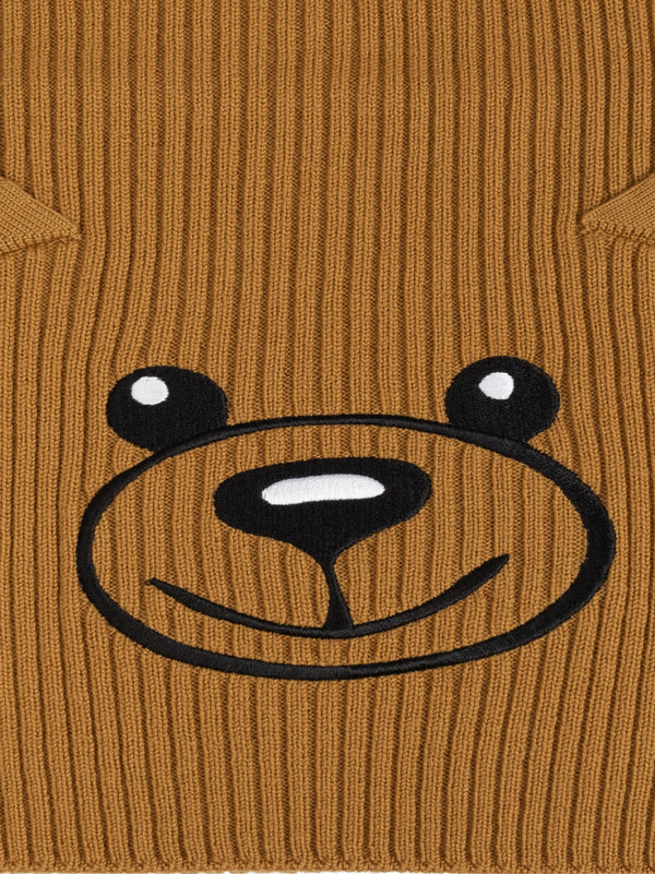 Moschino Teddy Bear Embroidered Knitted Wool Scarf — Brown