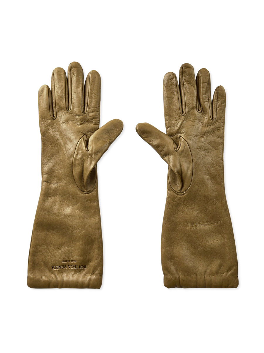Bottega Veneta Embossed Logo Leather Gloves — Green