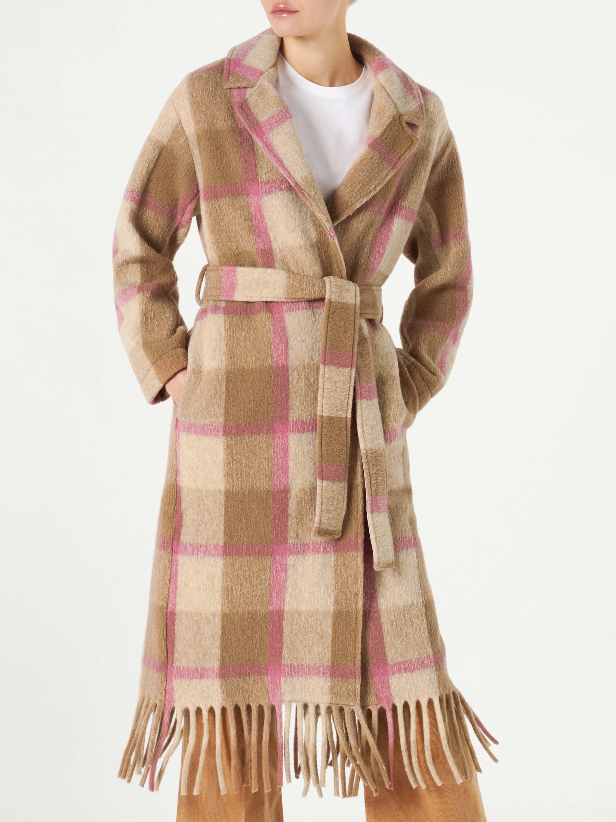 Brown Charlot Long Coat With Fringes And Check Pattern White Jacket