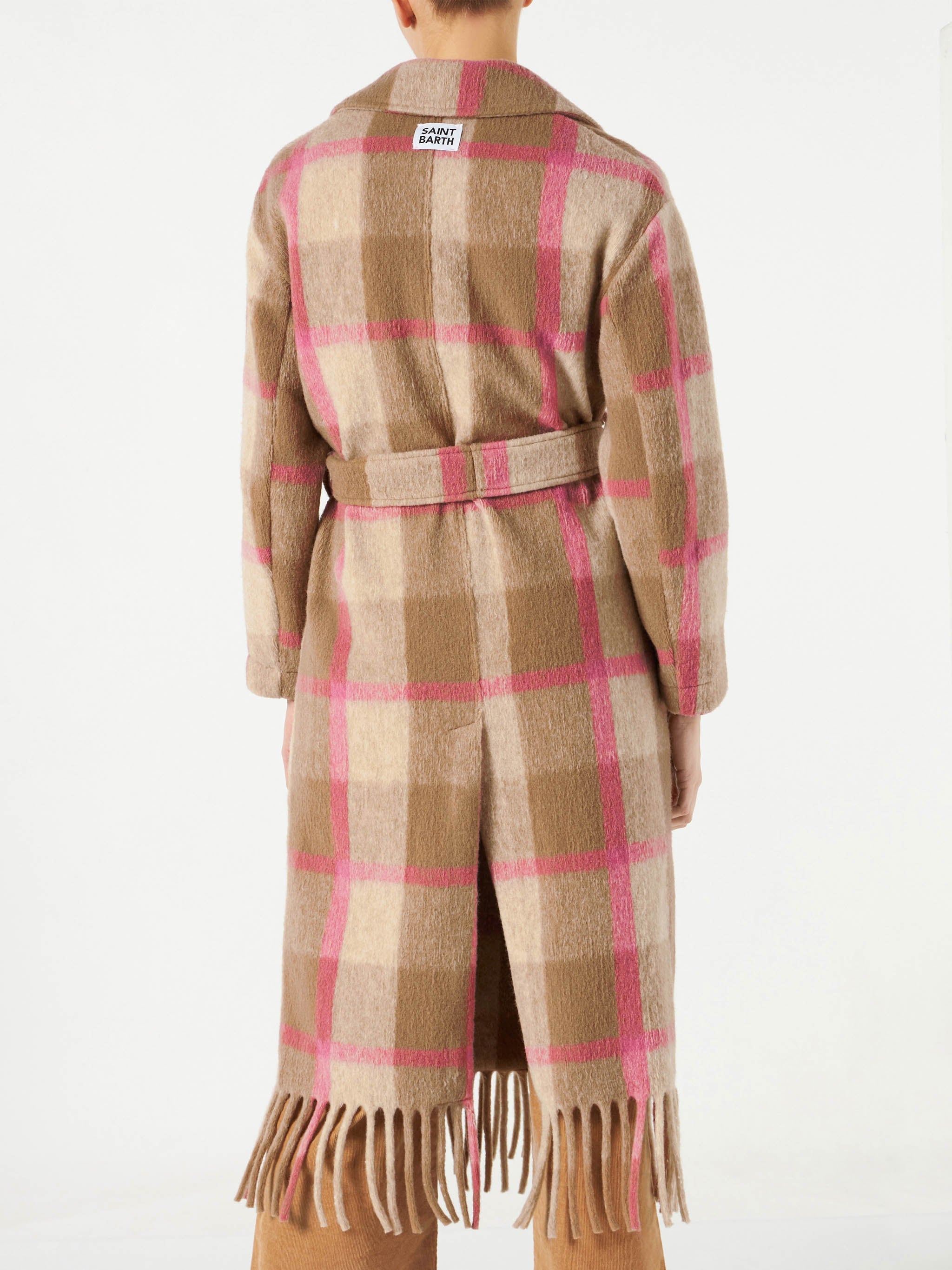 Brown Charlot Long Coat With Fringes And Check Pattern White Jacket