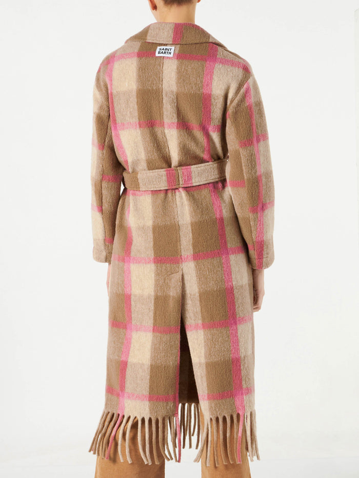 Brown Charlot Long Coat With Fringes And Check Pattern White Jacket