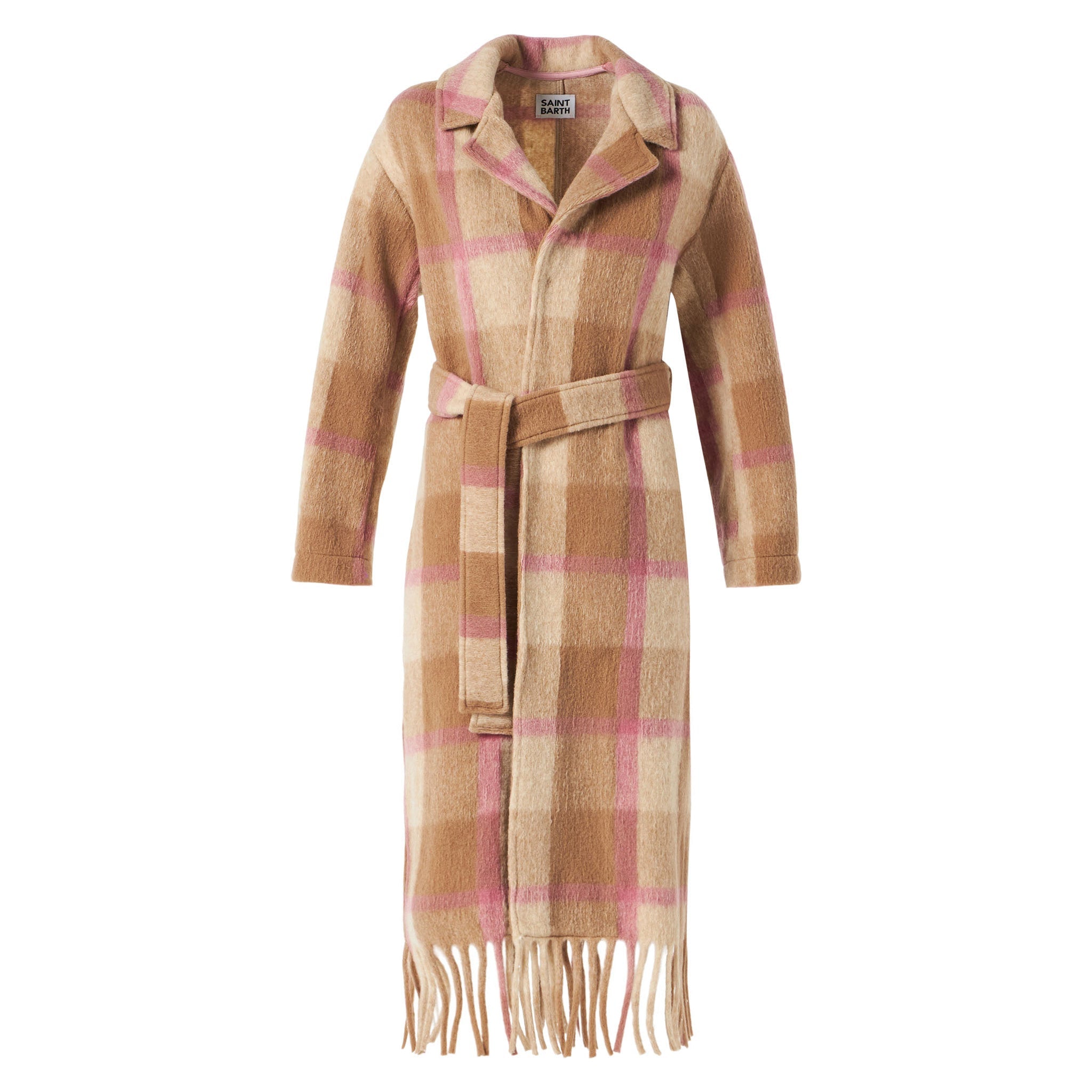 Brown Charlot Long Coat With Fringes And Check Pattern White Jacket