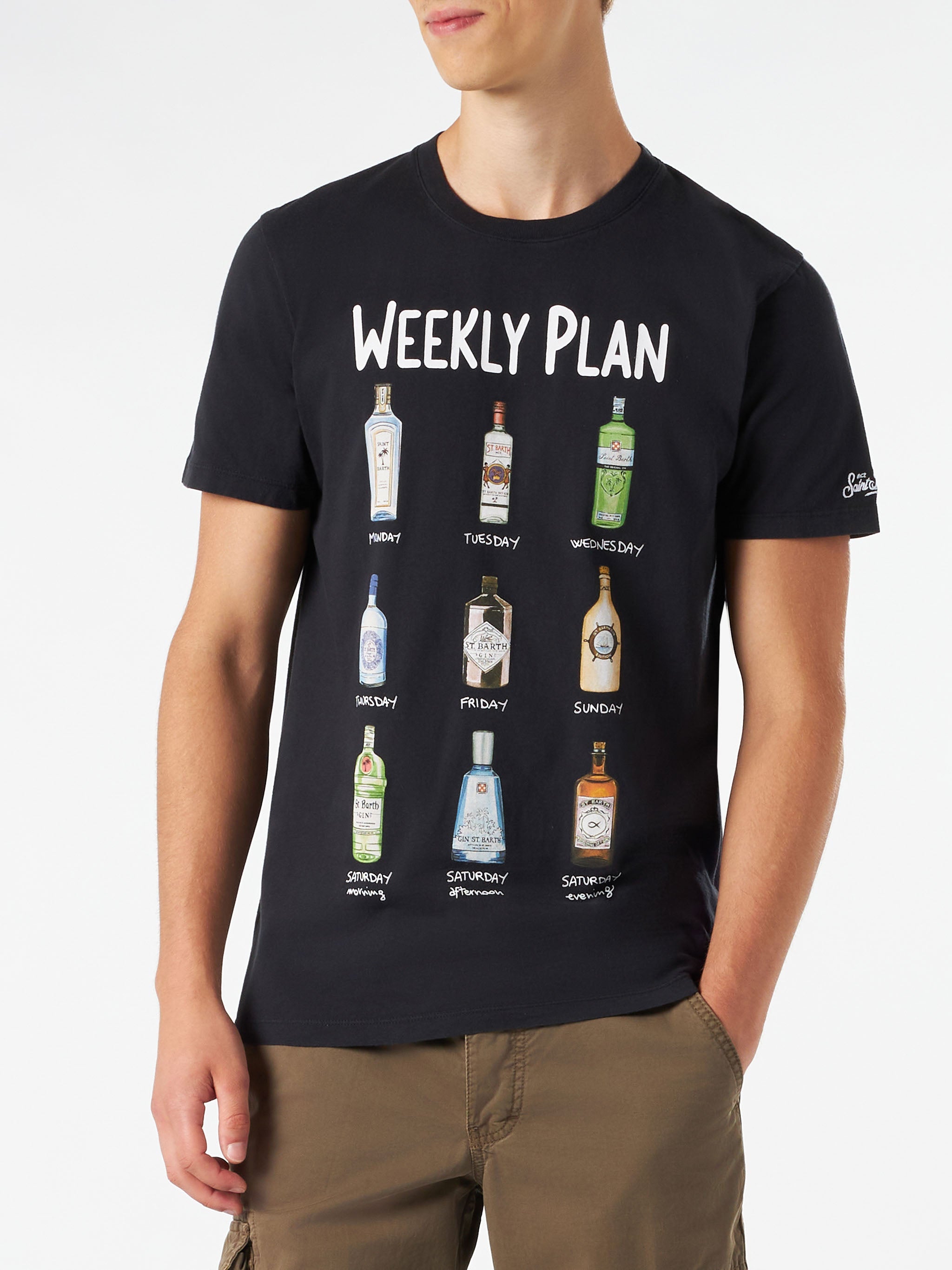 Man Cotton Vintage Treatment T-Shirt With Cocktails Print Black