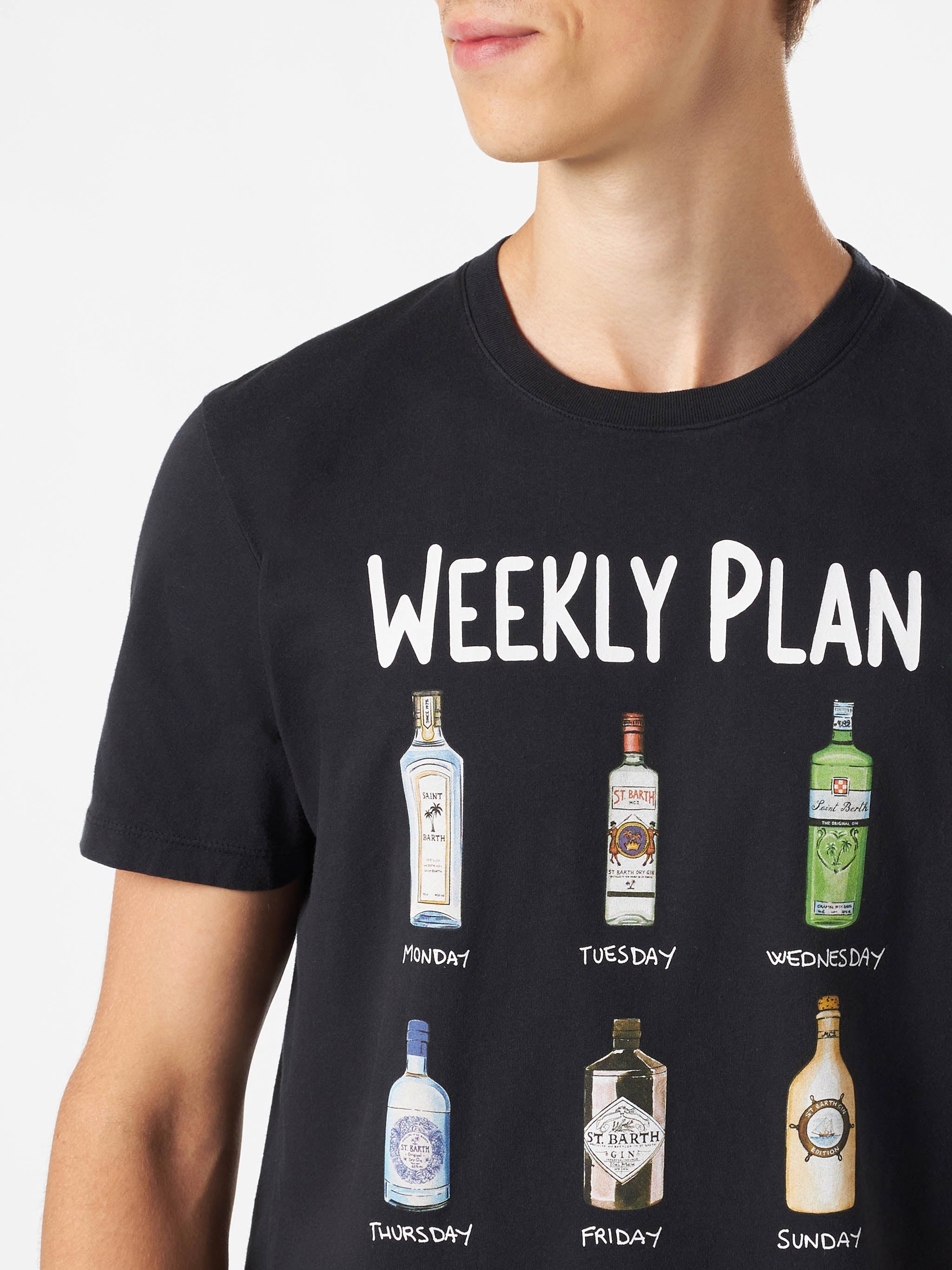 Man Cotton Vintage Treatment T-Shirt With Cocktails Print Black