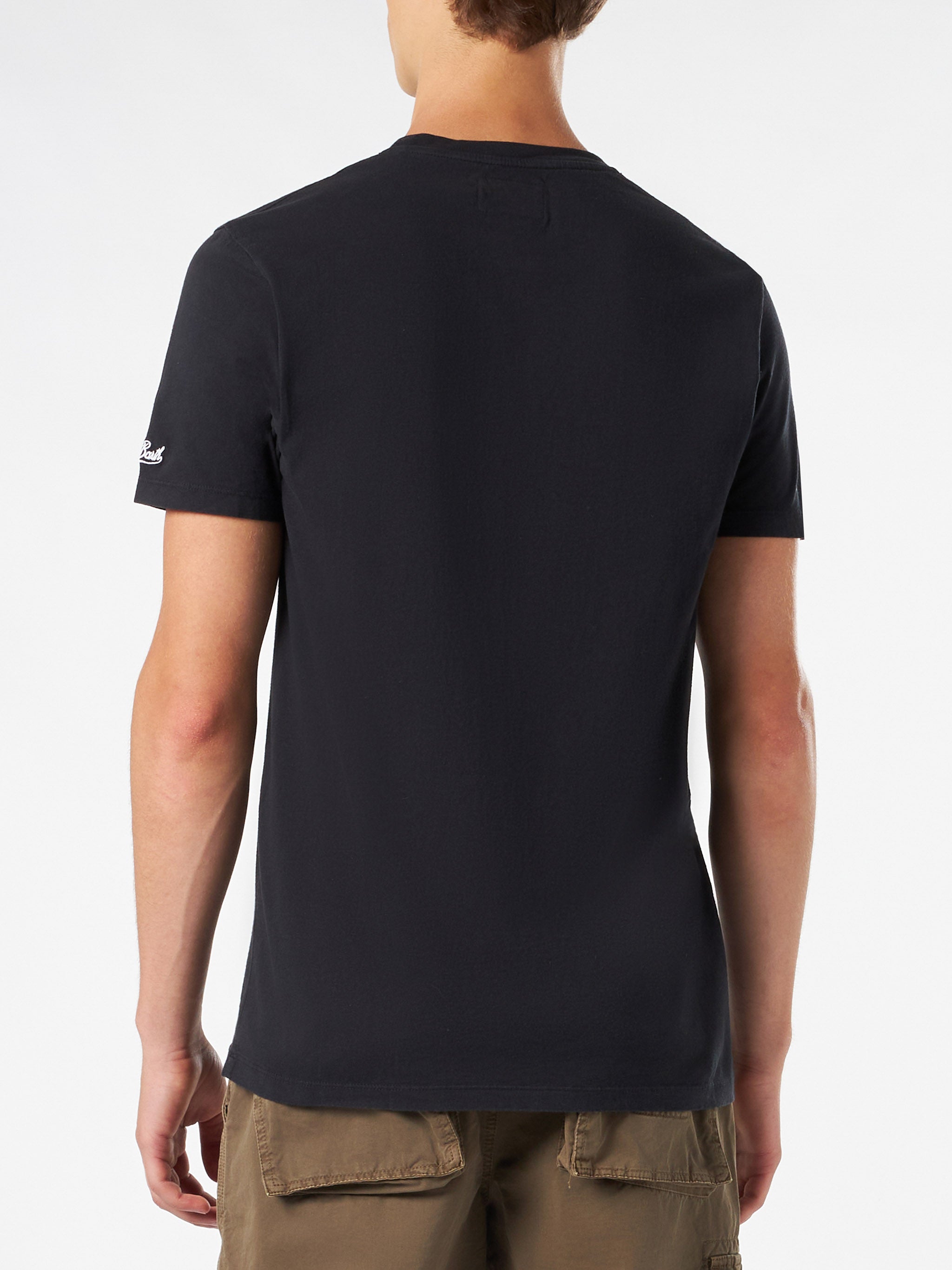 Man Cotton Vintage Treatment T-Shirt With Cocktails Print Black