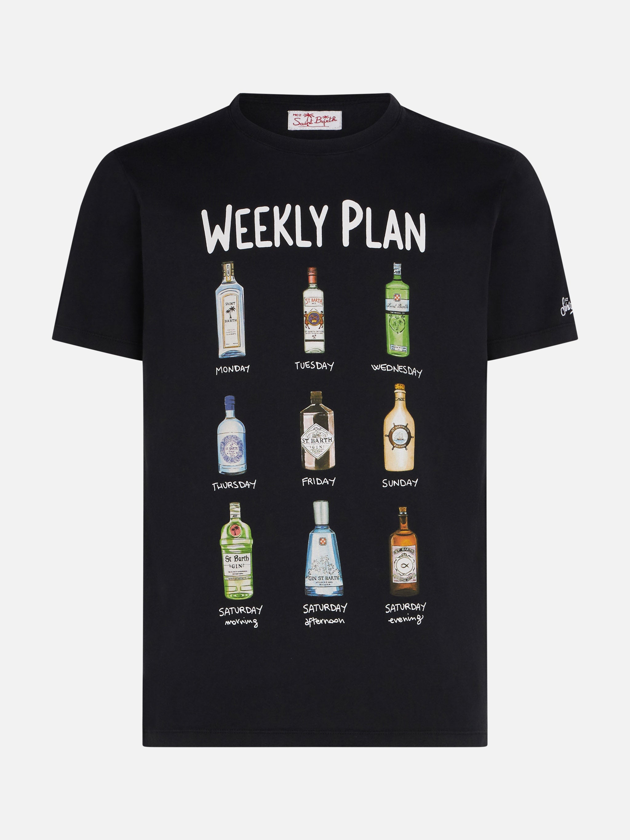 Man Cotton Vintage Treatment T-Shirt With Cocktails Print Black