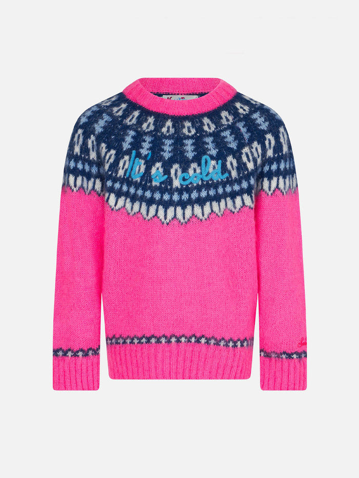 Girl Brushed Crewneck Sweater With Nordic Jacquard Pink