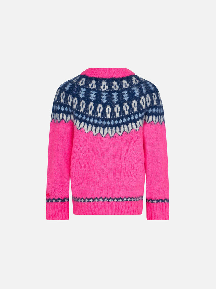 Girl Brushed Crewneck Sweater With Nordic Jacquard Pink