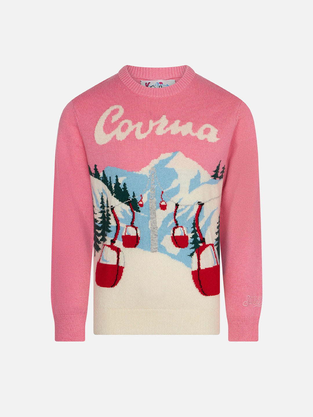 Girl Crewneck Sweater With Courmayeur Postcard Pink