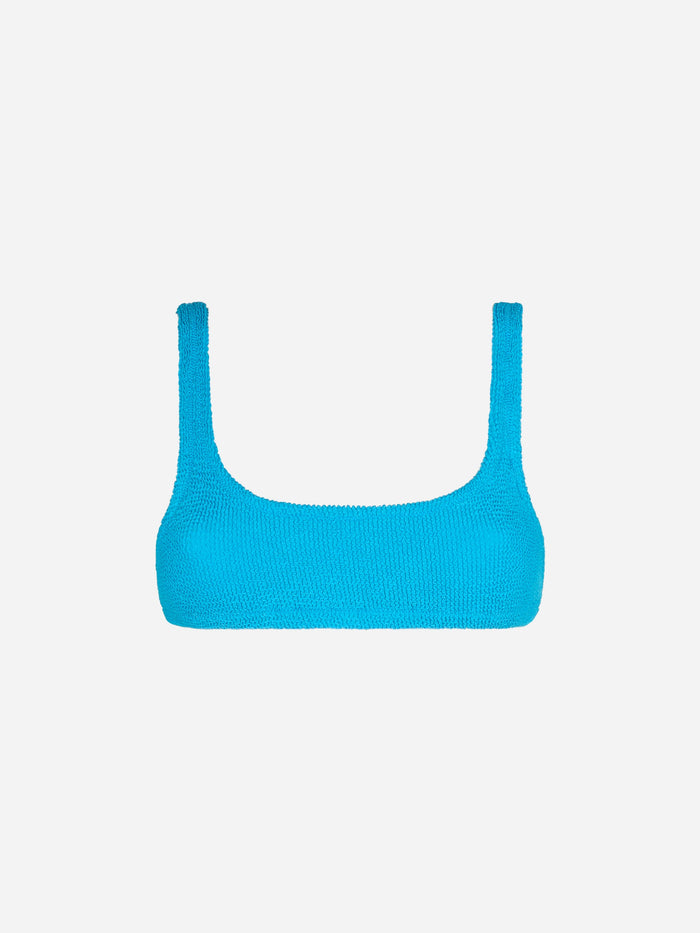 Woman Turquoise Crinkle Bralette Top Swimsuit Blue