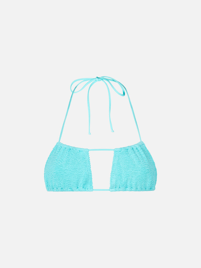 Lyam Water Green Crinkle Solid Bandeau Bikini Top